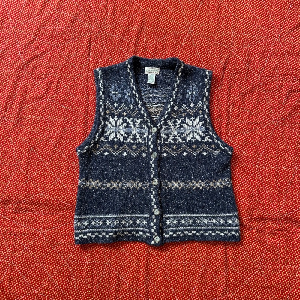 St Johns Bay Vintage Nordic Fair Isle Knit Button Front Sweater Vest Blue Large